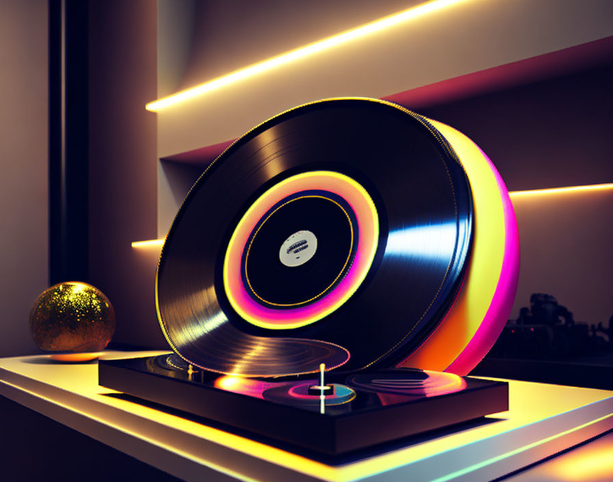 Vinyl record spinning on sleek turntable under warm neon light