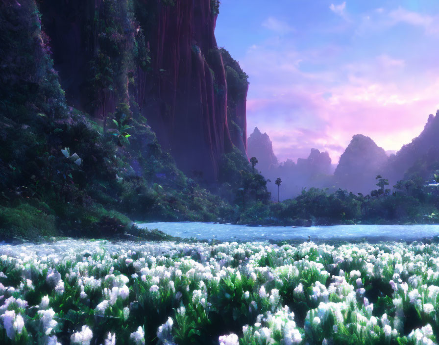 Tranquil river landscape with white flowers, cliffs, and twilight sky