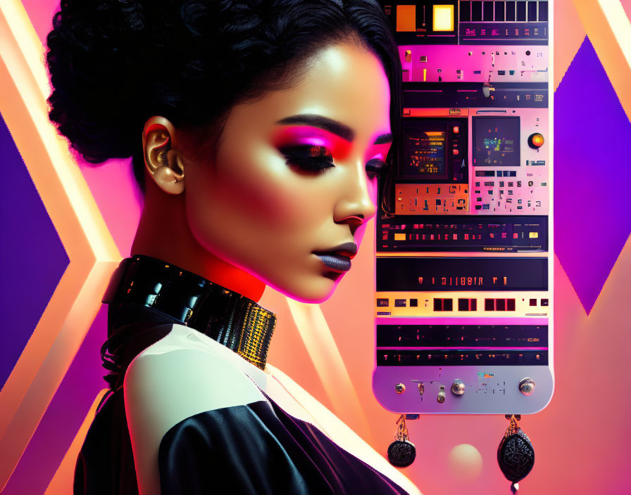 Woman with stylish updo and bold makeup against retro-futuristic backdrop