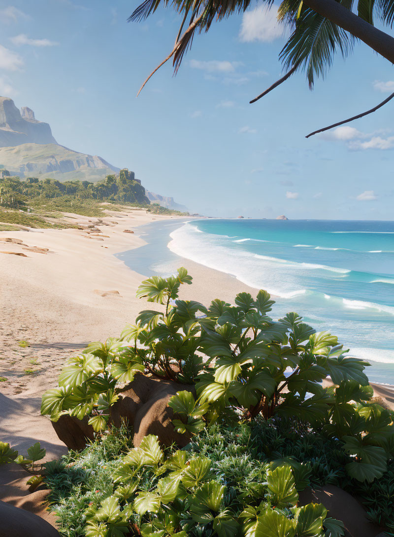 Tropical beach with lush greenery, golden sands, blue waters, and distant mountain