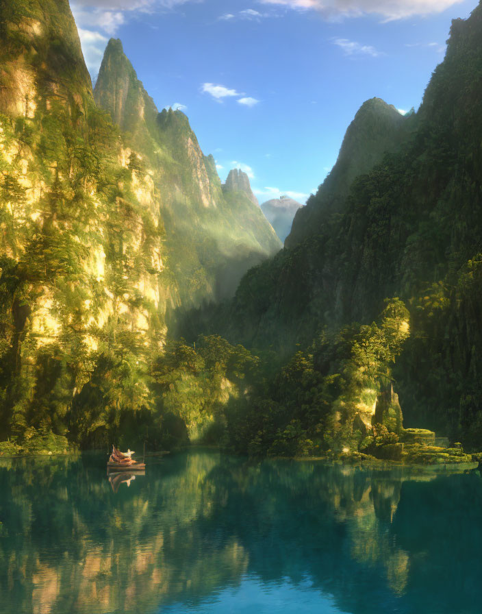 Tranquil lake scene with boat, misty cliffs, and golden sunlight