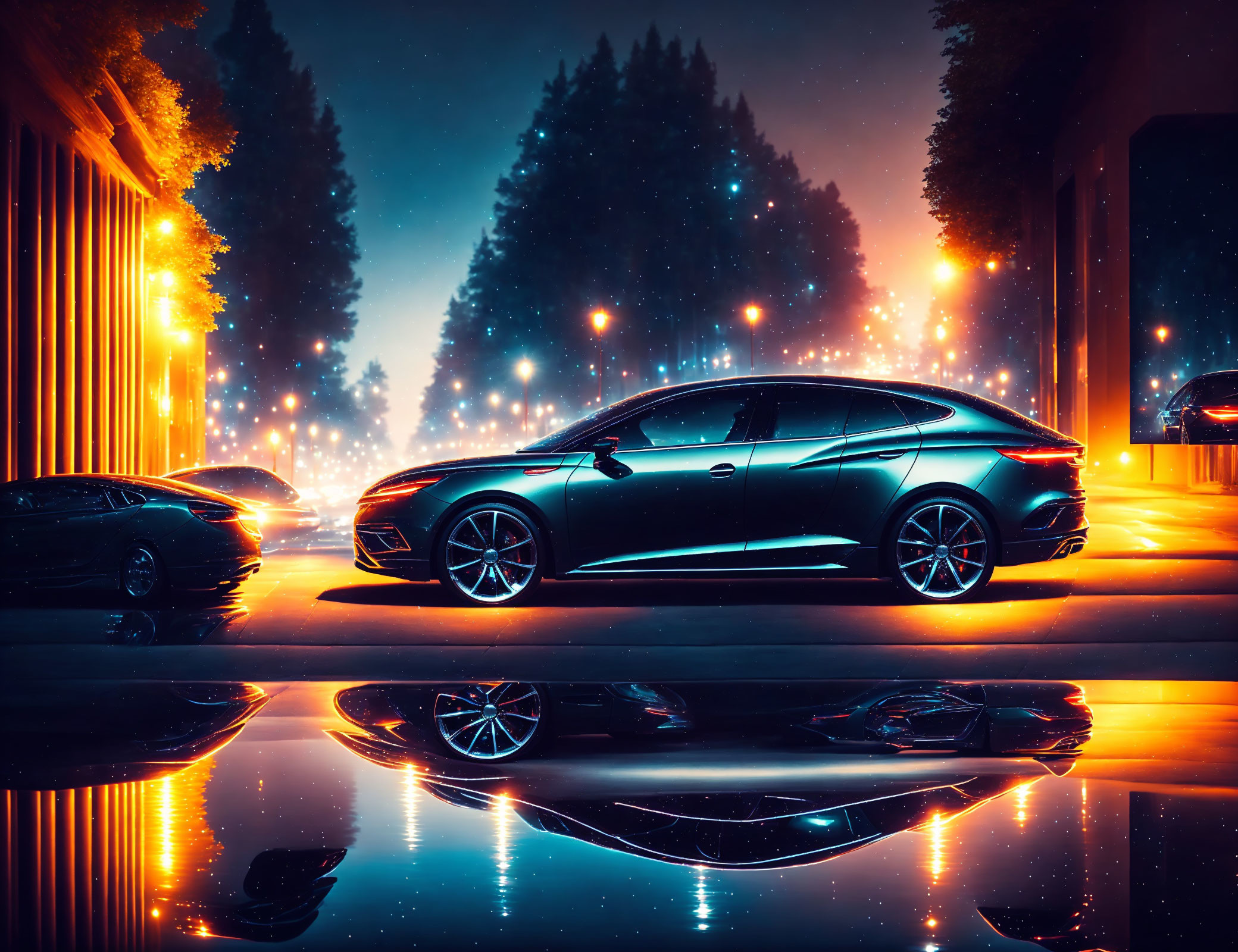 Black car parked on wet street at night with glowing lights and reflections