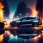 Black car parked on wet street at night with glowing lights and reflections