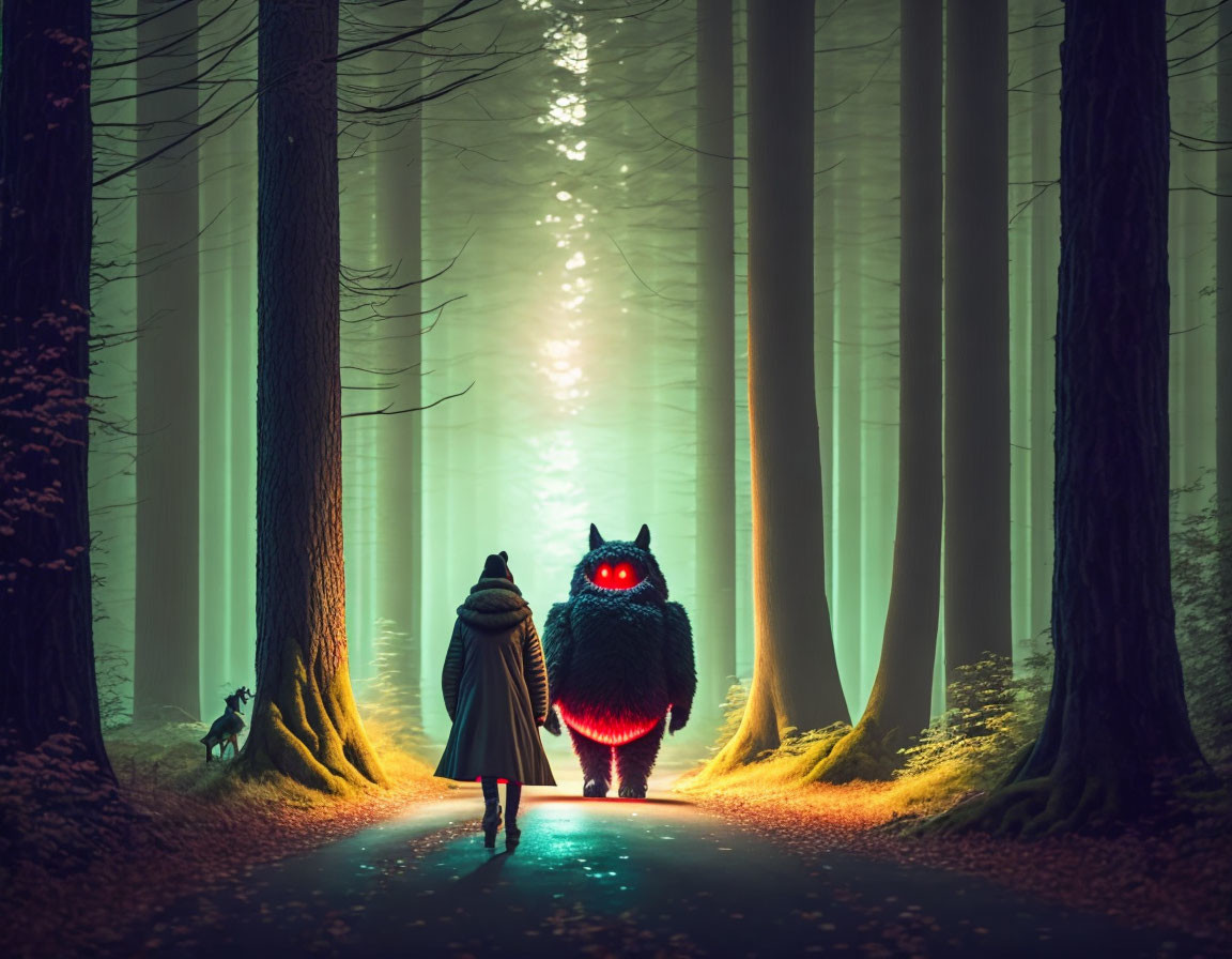 Person walking with large creature in mystical forest with glowing red eyes