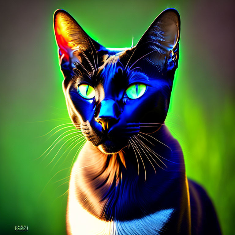 Black cat with blue eyes on vibrant green background