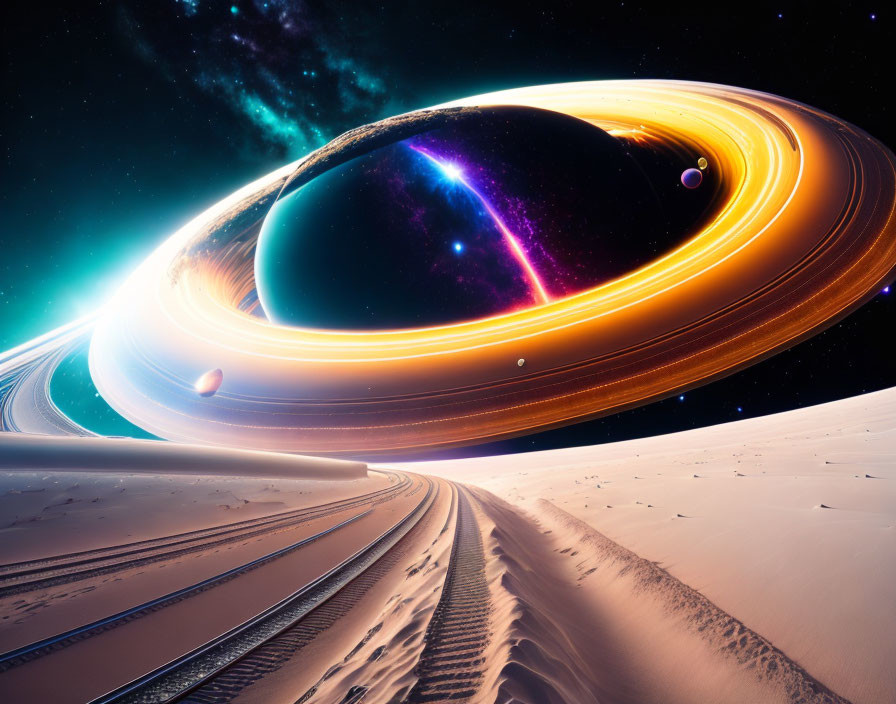 Surreal landscape with road, desert, giant ringed planet, and moons