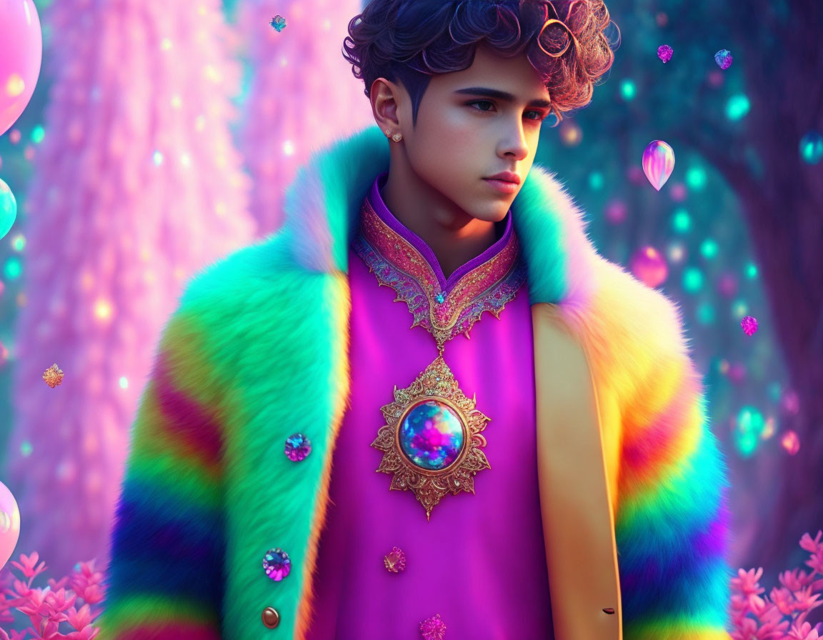 Curly-haired youth in vibrant coat and purple garment against whimsical backdrop