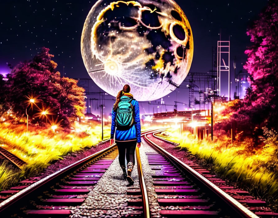 Person walking on train tracks at night under stylized moon in surreal sky