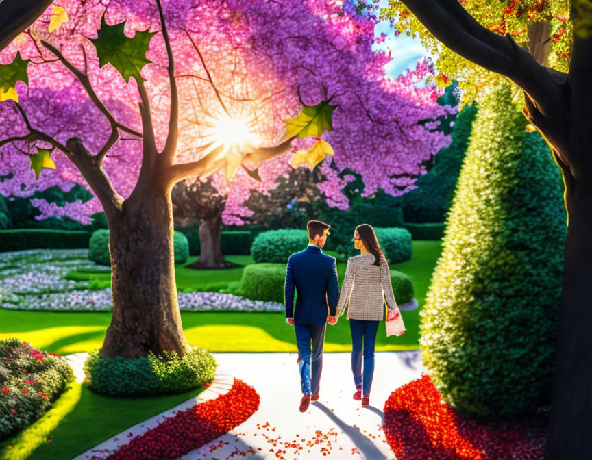 Vibrant garden with blooming purple trees and sunset background