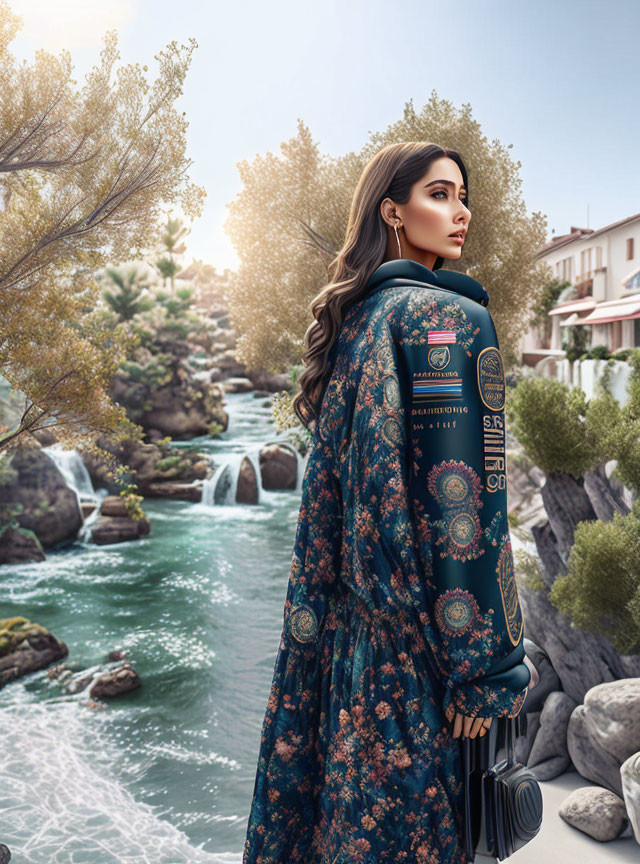 Woman in Floral Dress by River with Waterfalls and Scenic View