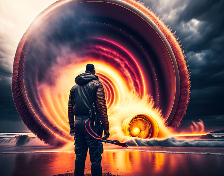 Person on beach gazes at swirling fire vortex in apocalyptic sky