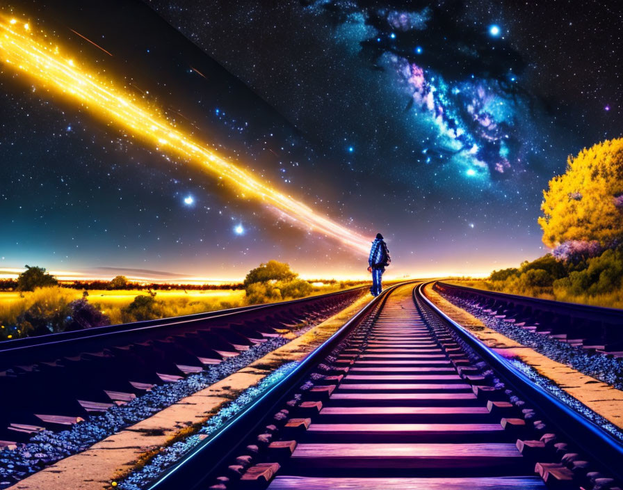 Person standing on illuminated railroad tracks under vibrant night sky with stars and streaking meteor.