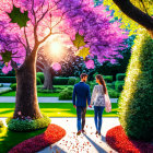 Vibrant garden with blooming purple trees and sunset background