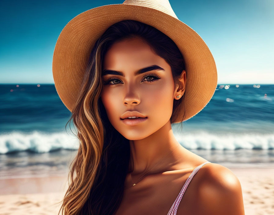 Woman with wavy hair in straw hat on beach with ocean view