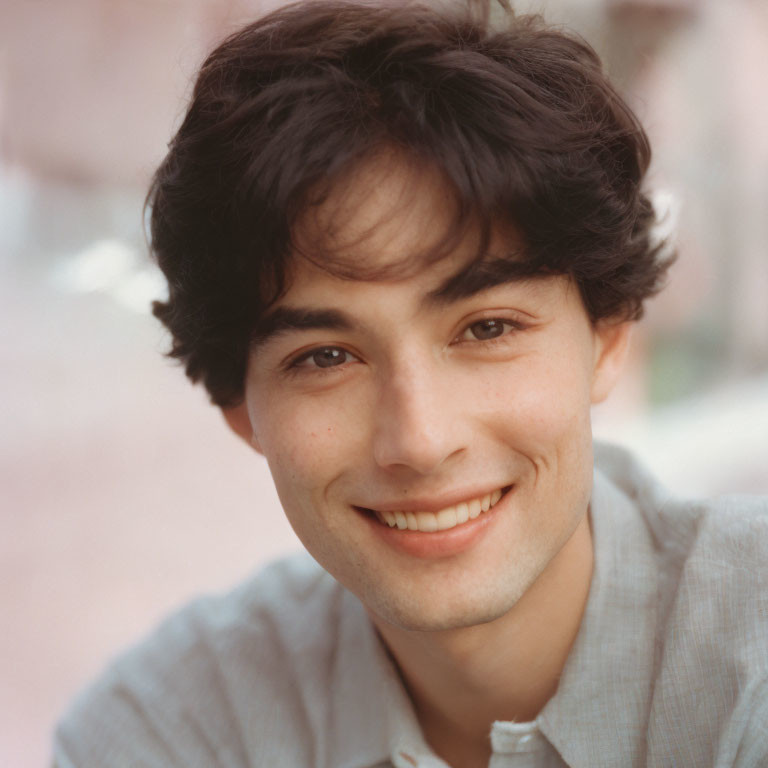 Smiling young man with dark wavy hair in light blue shirt