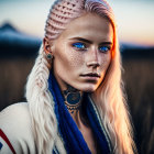 Portrait of woman with white hair, freckles, and blue eyes in golden field with mountain view