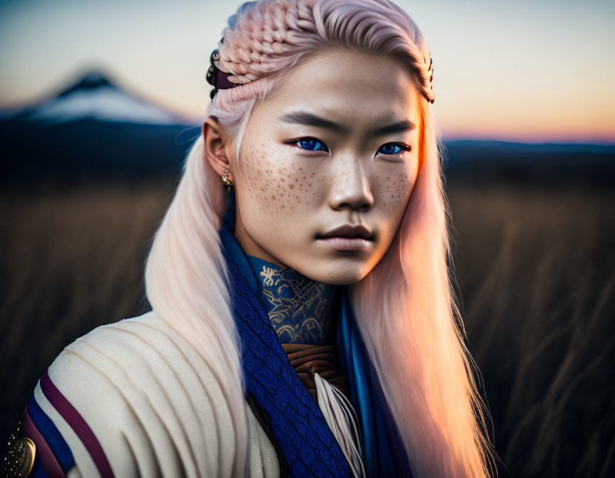 Portrait of woman with white hair, freckles, and blue eyes in golden field with mountain view