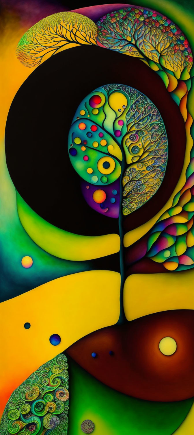 Colorful abstract painting with stylized tree and intricate patterns