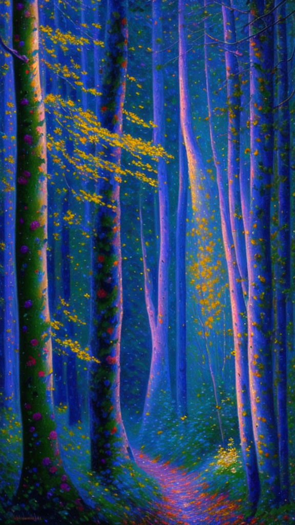 Colorful forest painting with blue trees, purple ground, and yellow foliage