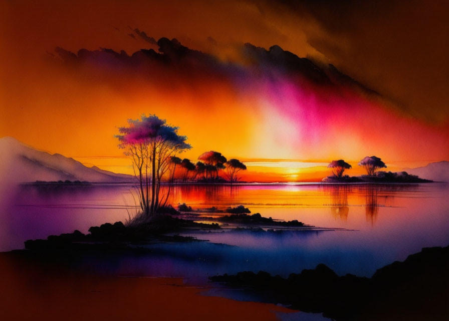 Tranquil sunset lake watercolor with vibrant hues