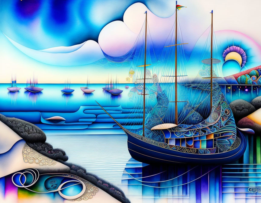 Vibrant surreal artwork: stylized sailboats on tranquil sea