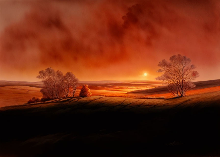 Tranquil sunset landscape with silhouetted trees and rolling hills