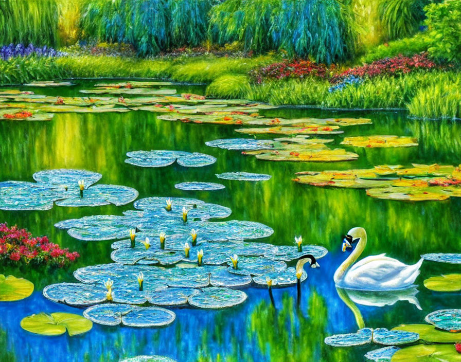 Colorful Pond Scene with Lily Pads and Swan