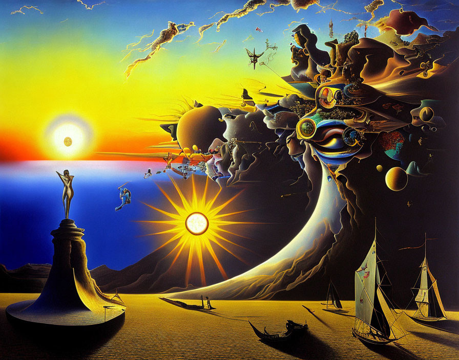 Surreal landscape with melting clocks, distorted objects, chessboard, sea, sky, and celestial