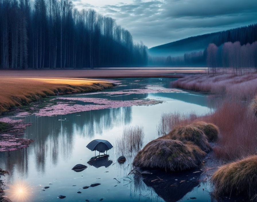 Tranquil river meadow with chairs, umbrella, forest, and twilight sky