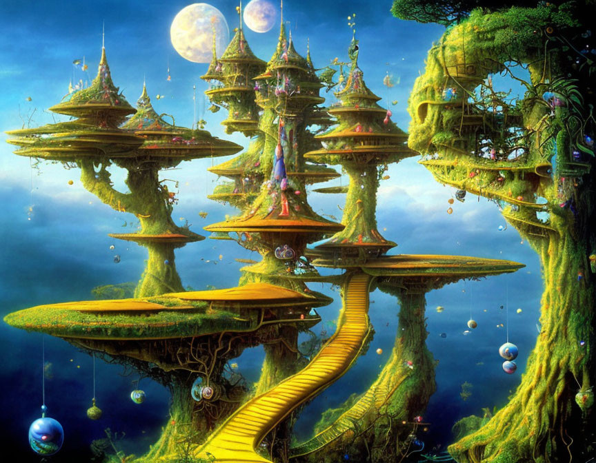 Fantastical landscape with towering tree-like structures and elaborate towers against starry sky.