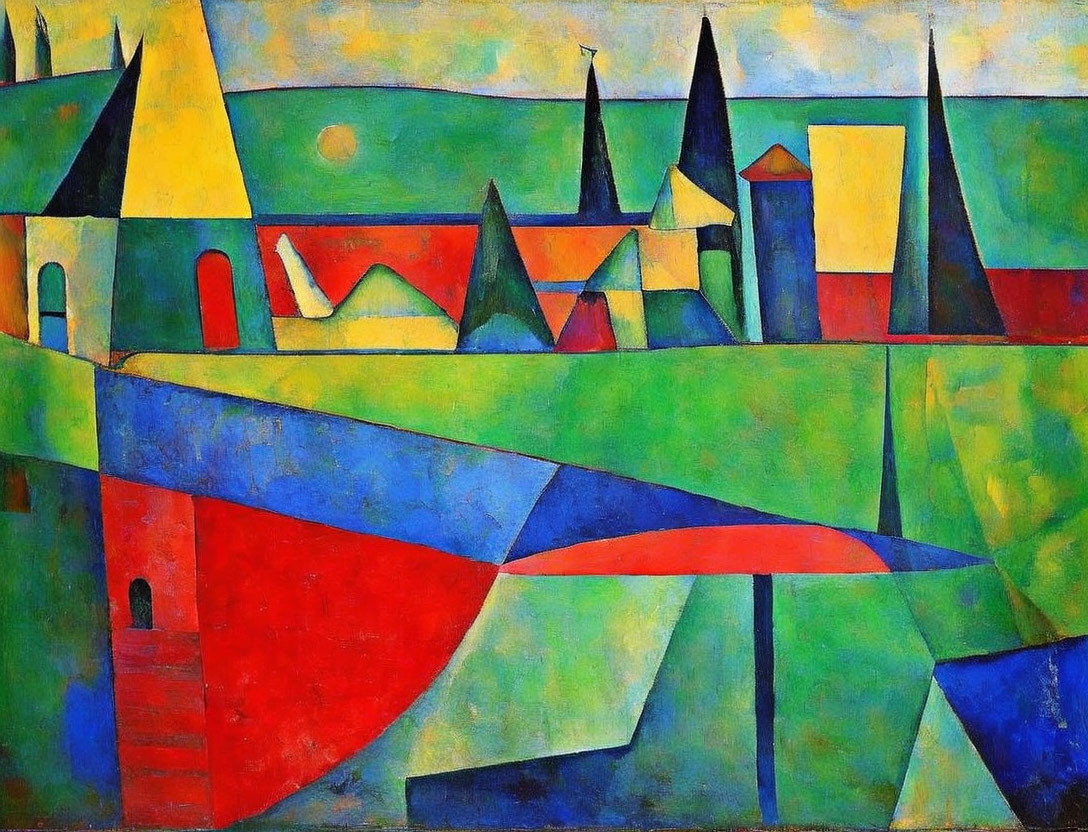 Colorful Abstract Painting: Geometric Shapes & Bold Colors of Stylized Landscape