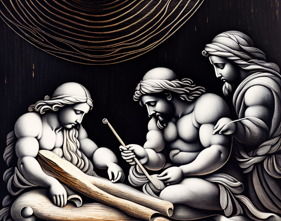 Intricate bas-relief artwork of three figures carving wood