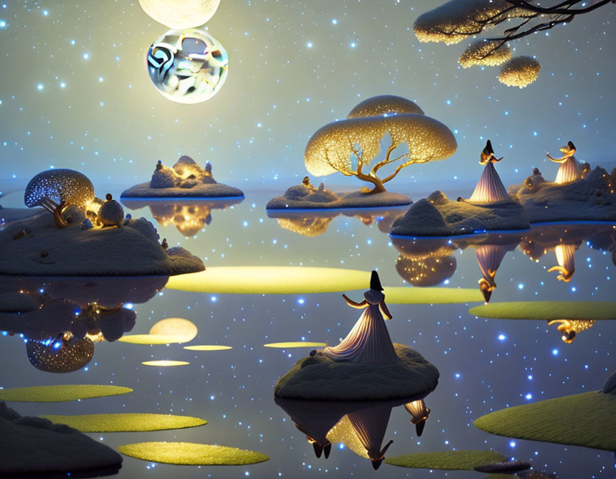 Surreal illuminated landscape with floating islands and figures under starry sky