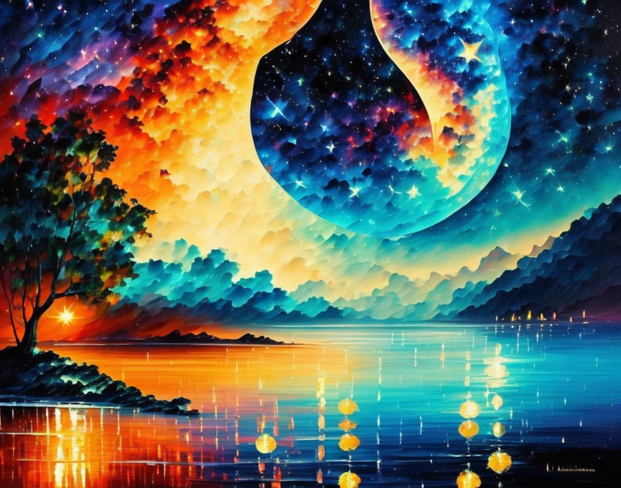 Surreal landscape with fiery sky, crescent moon, tranquil sea, and glowing tree