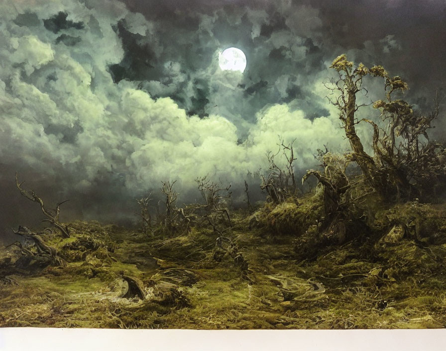 Mystical night landscape with twisted trees and full moon