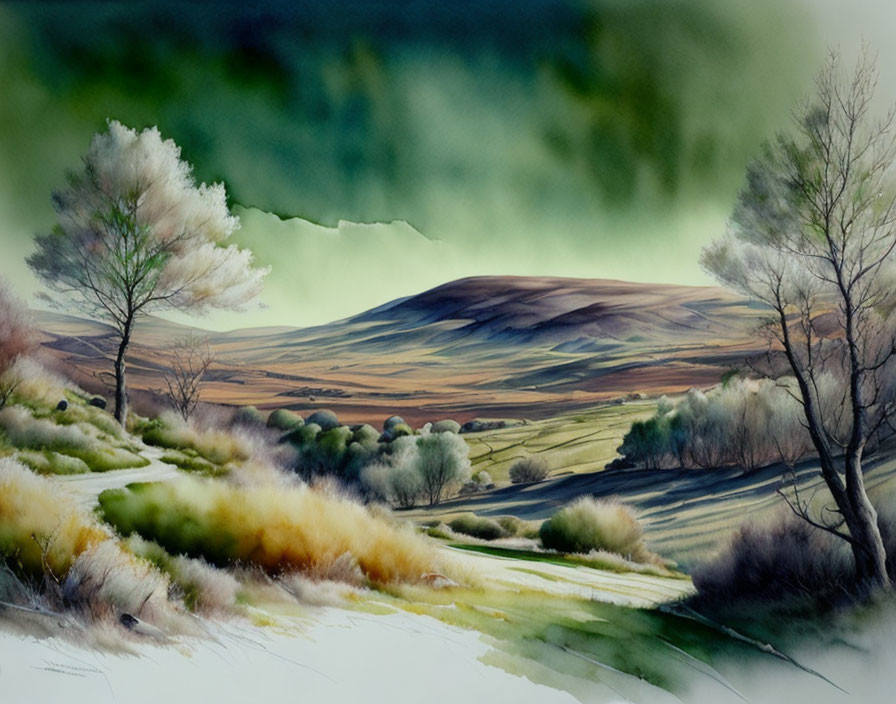 Tranquil watercolor landscape of rolling hills under a cloudy sky