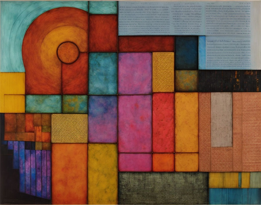 Colorful Abstract Geometric Painting with Textured Blocks and Overlaid Text