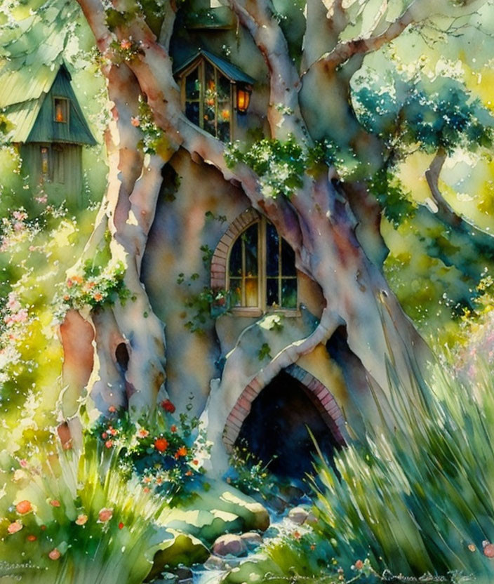 Whimsical treehouse watercolor illustration nestled in greenery