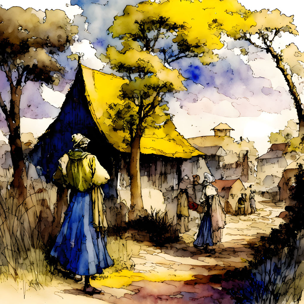 Person in Blue Cloak Observing Medieval Village Scene