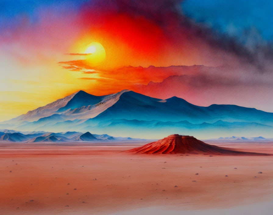 Desert landscape watercolor painting with sunset hues.