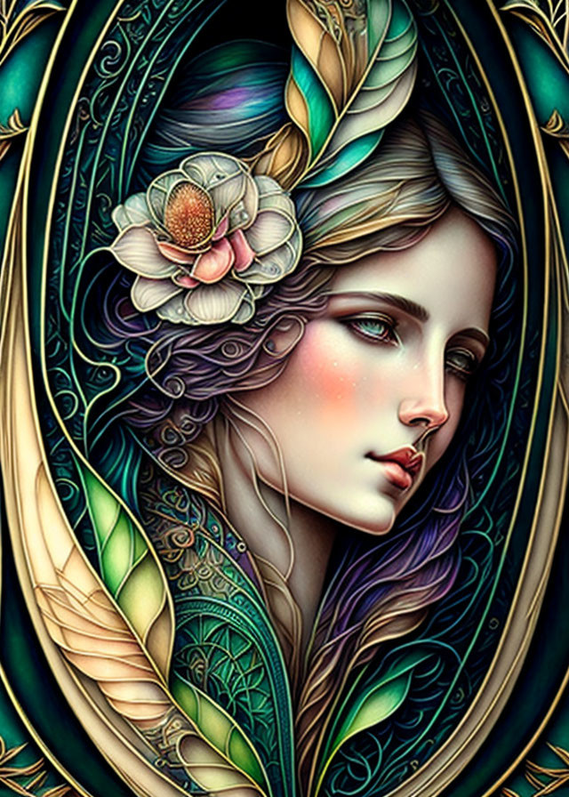 Ethereal woman with floral headpiece in ornate oval frame