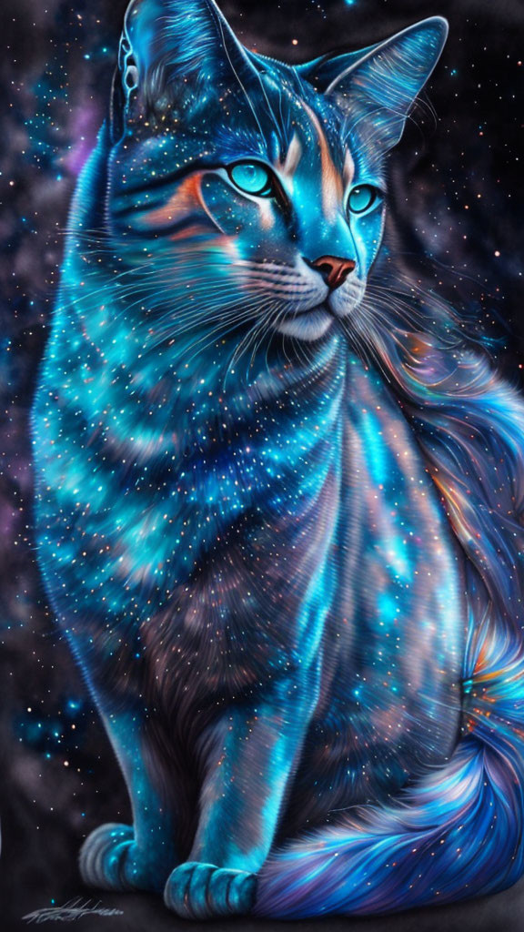 Cosmic-themed cat digital painting with vibrant colors