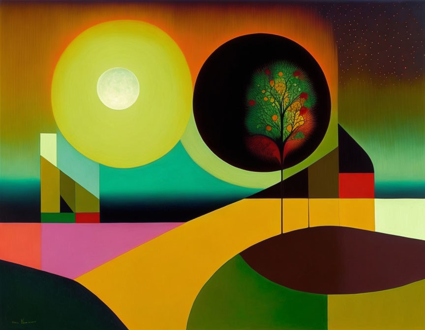 Vibrant abstract painting with geometric shapes, red tree, yellow circle, and starry sky.