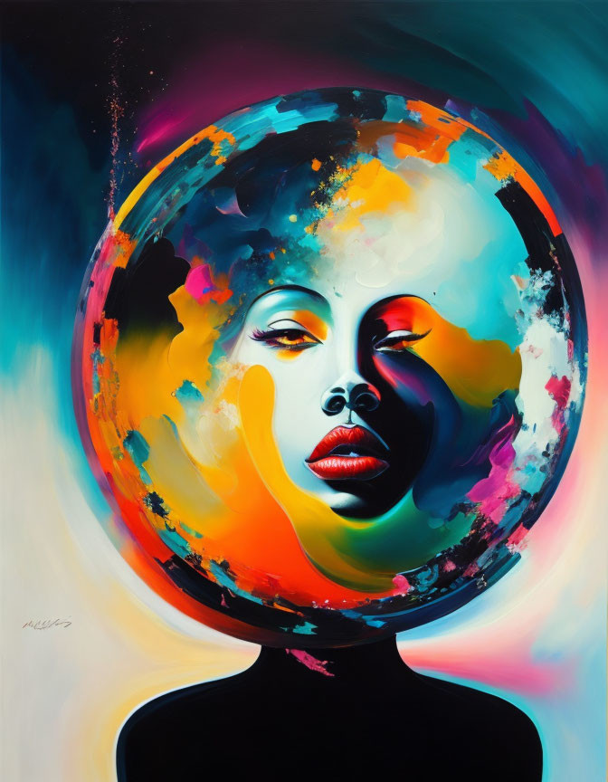 Colorful portrait of woman with cosmic sphere head and dark silhouette body