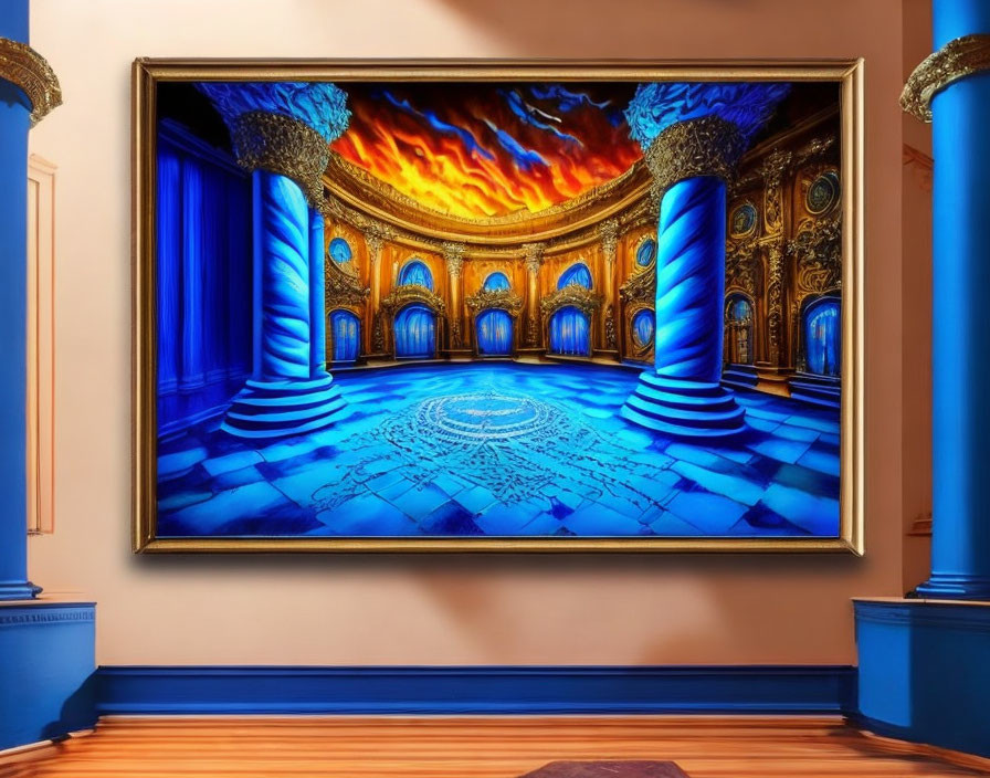 Framed painting of lavish hall with fiery ceiling and blue flooring