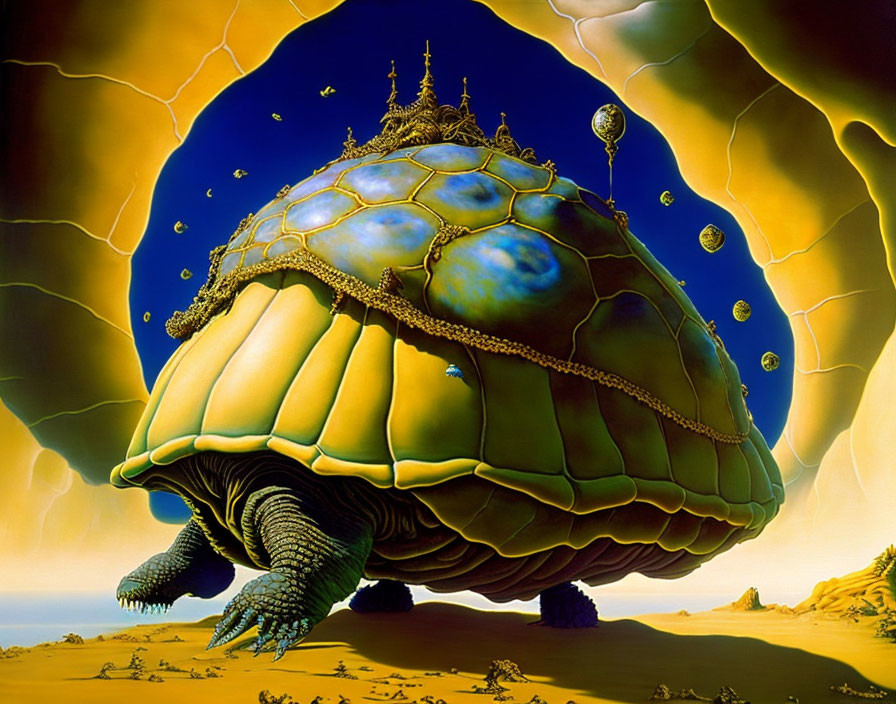 Surreal painting: giant turtle with domed city, desert, cracked sky