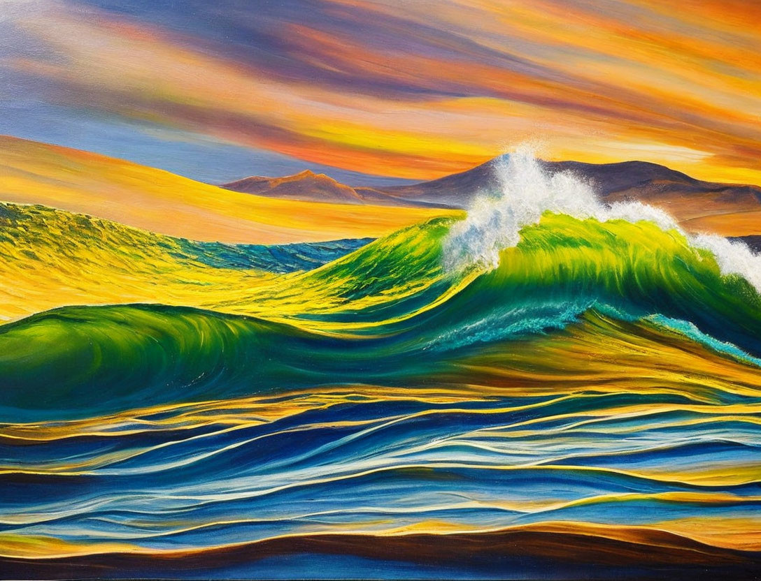 Colorful painting of crashing green wave under sunset sky