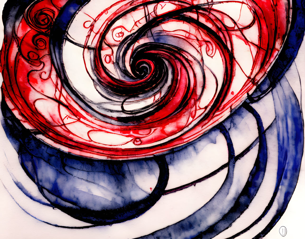 Swirling Red and Blue Abstract Artwork with Vortex Spiral