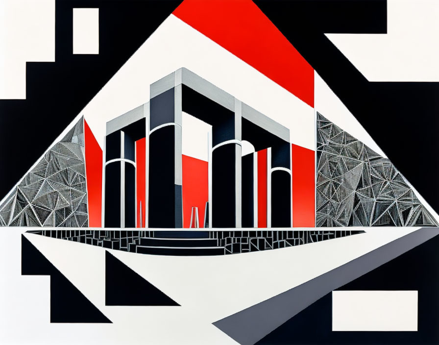 Geometric Abstract Art: White Building, Red & Black Shapes, Triangular Frame