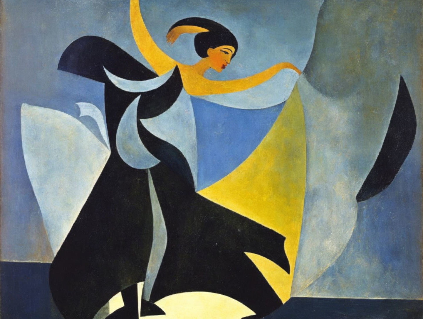 Stylized female figure in black and yellow dancing on blue background